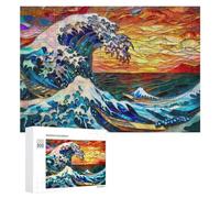 Adult Vivid Wooden Jigsaw Puzzle, Stained Glass Hokusai Wave, 300 PCS