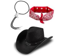 Adult Wild West Western Cowboy Fancy Dress Costume 3 Piece Set with Cowboy Cowgirl Felt Studded Hat + Red Paisley Bandana + Bootlace Necktie (Black)