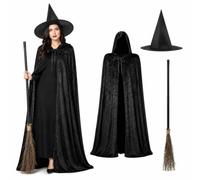Adult Witch Costume Set Halloween Fancy Dress Cape Hat Broomstick | black velour cape, pointed witch hat 58cm, 3 piece broomstick, one size, halloween fancy dress set