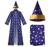 Adult Wizard Costume Robe, Long Sleeve Blue Star Pattern Cloak with Hat for Halloween Party Cosplay(L)