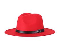 Adult Women Men Wool Blend Fedora Hat Solid Trilby Caps Panama Hat with Belt Red