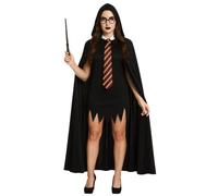 Adult Women’s Long Black Velvet Cape with Hood, Wizard School Tie, Round Glasses & Magic Wand Set - Deluxe Wizard Fancy Dress Costume for Halloween, Cosplay & Parties