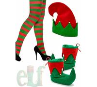 Adult Women Santa's Little Helper Fancy Dress Costume Accessory - Elf Hat with Bells + Red and Green Tights + Elf Shoes - Xmas Novelty Elves Christmas New Year Festive Party
