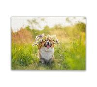 Adult Wooden Educational Puzzle 500 Pieces Cute Corgi Dog in a Wildflower Cage Sits on a Summer Sunny Meadow Family Fun and Casual Beginner Puzzles Educational