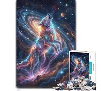 Adult Wooden Jigsaw, Cosmic Wolf Howling at The Moon, 1000 Pieces | Jigsaw Puzzle Gift: visible image details for section-by-section building during indoor leisure.
