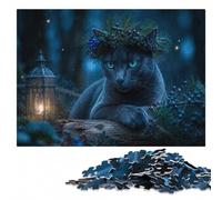 Adult Wooden Jigsaw Puzzle, Blue Cat with Berry Wreath, 1000 Pieces