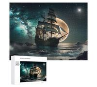 Adult Wooden Jigsaw Puzzle, Fantasy Ship Under Celestial Moonlight, 500 PCS