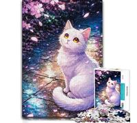 Adult Wooden Jigsaw Puzzle, White Cat with Cherry Blossoms, 500 Pieces | Clear image details: focused tabletop leisure alone or together.