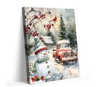 Adult Wooden Puzzle 500 Pieces Jigsaw Christmas Farm Scene with Snowman and Cardinal and Red Truck Festive Vintage Christmas Winter Wonderland Holiday Items