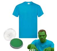 Adult Zombie Costume - Large - Azure Blue Shirt with Green Face & Body Paint - Gamer Fancy Dress for Halloween, Cosplay & Themed Parties - Pixel-Inspired Video Game Outfit