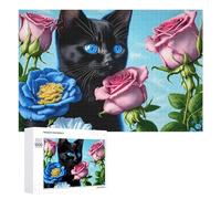Adults 1000 PCS Jigsaw Puzzle Black Cat with Blue Eyes And Pink Roses Adult Jigsaw Puzzle Brain Teaser Game Enhance Memory Birthday And Unique Gifts 1000 PCS
