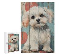 Adults 1000 PCS Jigsaw Puzzle Cute Maltese Dog Portrait on Wood Panel Maltese Dog Art Jigsaw for Adults Brain Teaser Game Wall Decoration for Is Ideal As A Gift 1000 PCS