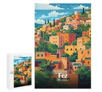 Adults 1000 PCS Jigsaw Puzzle Fez, Morocco Cityscape Illustration Jigsaw for Adults Brain Teaser Game Wall Decoration for Is Ideal As A Gift 1000 PCS