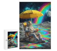 Adults 1000 PCS Puzzle Astronaut Relaxing on The Moon with Rainbow Beverage Jigsaw Puzzles for Adults Birthday Present Parent-child Interaction Toy Intellectual Game 1000 PCS