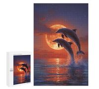 Adults 1000 PCS Puzzle Dolphins Jumping Against Full Moon Jigsaw Puzzles for Adults Birthday Present Parent-child Interaction Toy Intellectual Game 1000 PCS