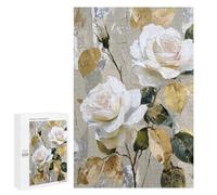 Adults 1000 PCS Puzzle White Roses with Gold Leaves Wall Art Jigsaws for Adults Puzzle Improve Memory Challenging To Complete Unique Gifts for Birthday And Christmas 1000 PCS