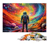 Adults 1000 Piece Jigsaw Astronaut Standing on Colorful Galaxy Family Fun Puzzle with Matching Poster And Trivia Sheet 1000 PCS(38x26cm)