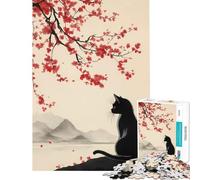 Adults 1000 Piece Jigsaw Puzzle Black Cat And The Cherry Blossom Tree Toy Intellectual Game Impossible Game Learning Educational Secret Santa Gifts (Size 50x75cm)