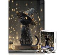 Adults 1000 Piece Jigsaw Puzzle Black Cat Wearing A Witch Hat Ideal for Cozy Downtime Fine Precision Die Cut Play Toy Size 50x75cm