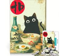 Adults 1000 Piece Jigsaw Puzzle Black Cat with Ramen And Sake, Educational Games, Fun at Home Activities, Wishlist with Santa Claus 38x26cm