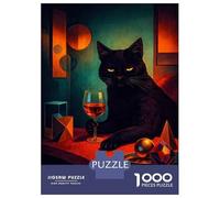 Adults 1000 Piece Jigsaw Puzzle Black Cat with Wine And Geometric Shapes Jigsaw for Adults Brain Teaser Game Staycation Kill Time Parent-child Interaction 70x50cm/1000pcs