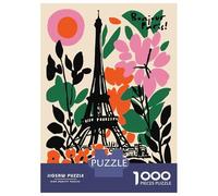 Adults 1000 Piece Jigsaw Puzzle Bonjour Paris Eiffel Tower Floral Art Jigsaw for Adults Brain Teaser Game Staycation Kill Time Parent-child Interaction 38x26cm/1000pcs