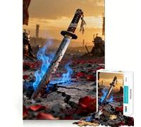 Adults 1000 Piece Jigsaw Puzzle Broken Katana in Battlefield with Blue Flames Sharp Cut Art Brain Challenge Fun Idle Time Game Birthday Game Gift (38x52cm)
