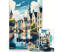 Adults 1000 Piece Jigsaw Puzzle Bruges, Belgium Travel Poster Sharp Cut Art Brain Challenge Fun Idle Time Game Birthday Game Gift (38x52cm)