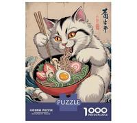Adults 1000 Piece Jigsaw Puzzle Cat Eating Ramen Bowl Illustration Jigsaw Puzzle Brain Teaser Game Wall Art Unique Gifts for Birthday And Christmas 38x26cm/1000pcs