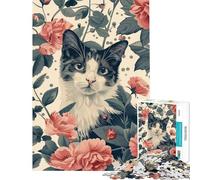 Adults 1000 Piece Jigsaw Puzzle Cat in Floral Garden Jigsaws for Adults Fun Games Analysis And Logic Parent-child Interaction (Size 50x75cm)