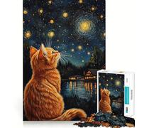 Adults 1000 Piece Jigsaw Puzzle Cat Stargazing by Lake Sharp Cut Art Brain Challenge Fun Idle Time Game Birthday Game Gift (38x52cm)