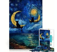 Adults 1000 Piece Jigsaw Puzzle Cats on Moon Swings Painting Sharp Cut Art Brain Challenge Fun Idle Time Game Birthday Game Gift (50x75cm)