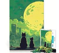 Adults 1000 Piece Jigsaw Puzzle Cats Watching The Moon over Cityscape Sharp Cut Art Brain Challenge Fun Idle Time Game Birthday Game Gift (50x75cm)