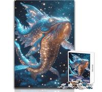 Adults 1000 Piece Jigsaw Puzzle Celestial Koi - Glowing Golden-Blue D Fish Artwork Ideal for Cozy Downtime Fine Precision Die Cut Play Toy Size 38x52cm