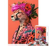 Adults 1000 Piece Jigsaw Puzzle Cheetah with Flower Crown Educational Toy Funny Gift Educational Games Improving Love between Couples Size 50x75cm