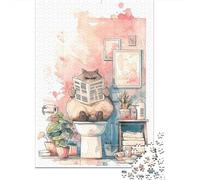 Adults 1000 Piece Jigsaw Puzzle Chill Cat on Toilet Reading Jigsaws for Adults Fun Games Wall Decoration Unique Gifts for Birthday And Christmas 70x50cm/1000pcs