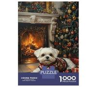 Adults 1000 Piece Jigsaw Puzzle Christmas Maltese Dog by Fireplace Jigsaws for Adults Brain Teaser Game But Fun And Humorous Difficult And Challenge 70x50cm/1000pcs
