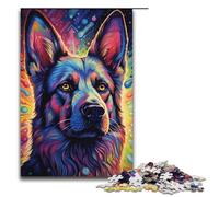 Adults 1000 Piece Jigsaw Puzzle Colorful Psychedelic German Shepherd Dog Family Fun Puzzle with Matching Poster And Trivia Sheet 1000 PCS(38x26cm)