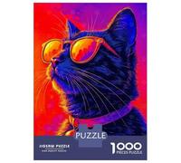 Adults 1000 Piece Jigsaw Puzzle Cool Neon Cat with Sunglasses Puzzles for Adults Fun Games Perfect Decoration Parent-child Interaction 52x38cm/1000pcs