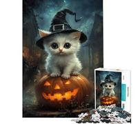 Adults 1000 Piece Jigsaw Puzzle Cute Witch Cat on Pumpkin- Jigsaws for Adults Fun Games Analysis And Logic Parent-child Interaction (Size 38x26cm)