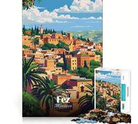 Adults 1000 Piece Jigsaw Puzzle Fez, Morocco Travel Poster Premium Cut Play Brain Teasing Play Idle Fun Time Xmas Art Display (38x52cm)