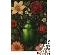 Adults 1000 Piece Jigsaw Puzzle Glowing Green Beetle with Flowers Puzzles for Adults Brain Teaser Game Perfect Decoration Birthday And Unique Gifts 52x38cm/1000pcs