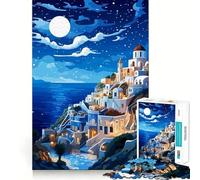 Adults 1000 Piece Jigsaw Puzzle Greece Santorini Night Art Premium Cut Play Brain Teasing Play Idle Fun Time Xmas Art Display (38x52cm)