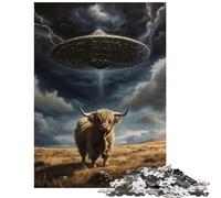 Adults 1000 Piece Jigsaw Puzzle Highland Cow UFO Abduction for Birthday, Chrismas Stress Reliever Brain Teaser Game for And from 14 Years And over (38x52cm)