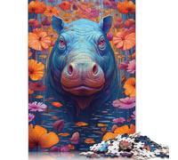 Adults 1000 Piece Jigsaw Puzzle Hippo Flower Portrait Wooden Puzzles for Adults Educational Game for Adult Teenagers 1000pcs (75x50cm)