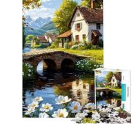 Adults 1000 Piece Jigsaw Puzzle Idyllic Countryside Cottage by The River Fun at Home Activities, Difficult Challenge Home Decoration Toys for And 14 Years And over (38x52cm)