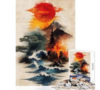 Adults 1000 Piece Jigsaw Puzzle Japanese Landscape with Sun, Mountains, And Waves Educational Toy Funny Gift Educational Games Improving Love between Couples Size 38x26cm