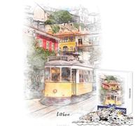 Adults 1000 Piece Jigsaw Puzzle Lisbon Tram Watercolor Jigsaw Puzzles 1000 Relaxing Games Secret Santa Gifts Suitable for Couples (38x26cm)