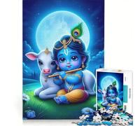 Adults 1000 Piece Jigsaw Puzzle Little Krishna with Calf DIY Toys Hand Speed Race with Fully Interlocking Randomly Shaped Pieces 50x75cm