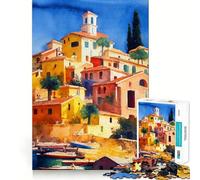 Adults 1000 Piece Jigsaw Puzzle Mediterranean Village Smooth Cut Art Smart Brain Activity Leisure Time Fun Xmas Decor Gift (38x26cm)